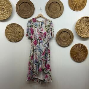 Calvin Klein White Pink Ruffle Faux Wrap Side Tie Floral Above Knee Mini Dress 8